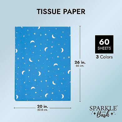 Moon And Stars Gift Wrap Tissue Paper For Bags, 3 Blue Colors ,20x26", 60 Sheets