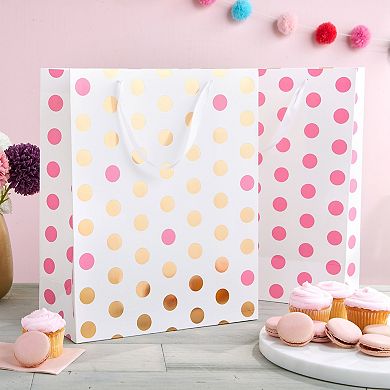 6 Pack Large Pink Paper Gift Bags W/ Handle For Birthday Baby Shower, 12.5x15.5"