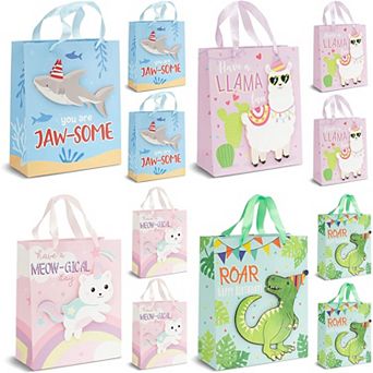 12 Pack 4 Animal Designs Kids Birthday Party Gift Bags For Baby Shower, 9 X 7.5"
