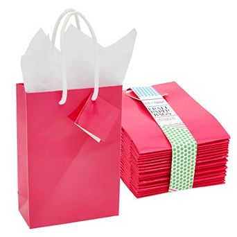 20 Pack Small Paper Bags W Handle & Tissue Paper For Gift Hot Pink 7.9x5.5x2.5”