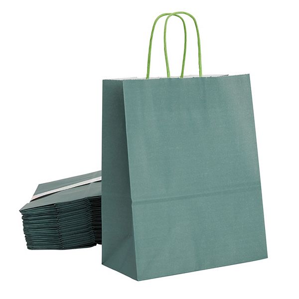 25 Pack Medium Paper Gift Bags With Handles For Treats, Dark Green 