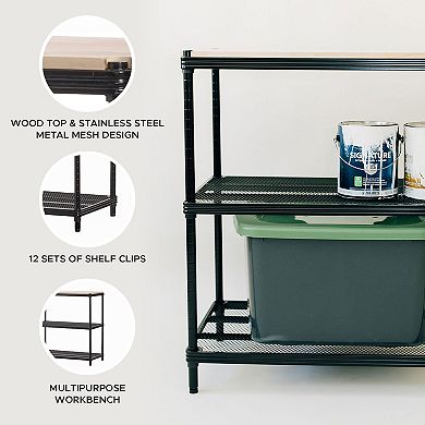 Design Ideas Meshworks Metal Storage Wood Top Workbench Shelving Unit, Black