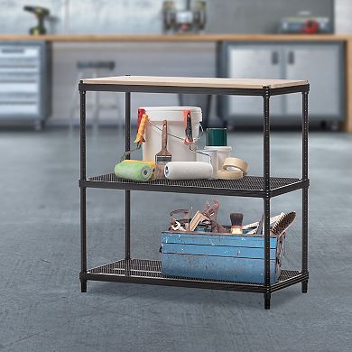 Design Ideas Meshworks Metal Storage Wood Top Workbench Shelving Unit, Black