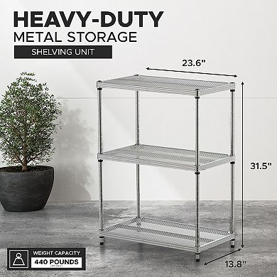 Design Ideas Meshworks 3 Tier Full-size Metal Storage Shelving Unit Rack, Silver