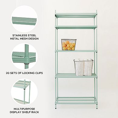 Design Ideas Meshworks 5 Tier Metal Storage Shelving Unit Rack Bookshelf, Green