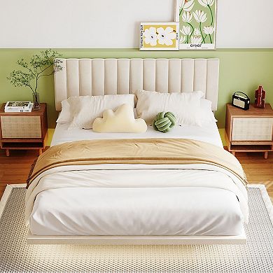 Merax Queen Size Upholstered Bed With Sensor Light, Floating Velvet Platform Bed