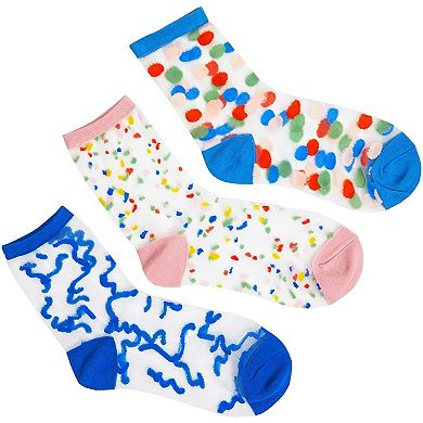 3 Pairs 3 Sheer Confetti Print Patterns Transparent Ankle Socks For Womens 12.3"