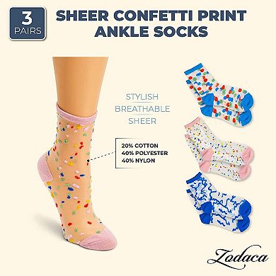 3 Pairs 3 Sheer Confetti Print Patterns Transparent Ankle Socks For Womens 12.3"