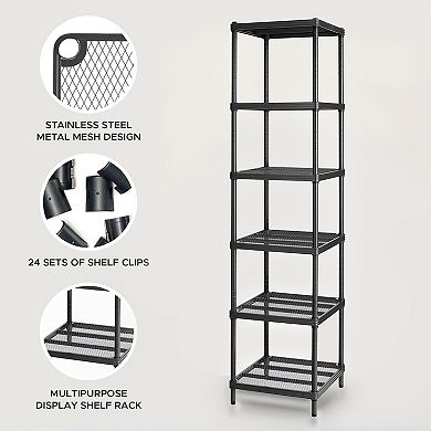Design Ideas Meshworks 6 Tier Tower Metal Storage Shelving Unit Rack, Black