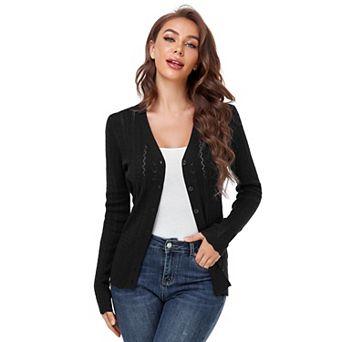 Women’s Long Sleeve V Neck Button Down Cropped Cardigans Soft Knit Sweater Hollow Out Coat