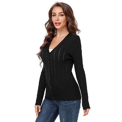 Women’s Long Sleeve V Neck Button Down Cropped Cardigans Soft Knit Sweater Hollow Out Coat