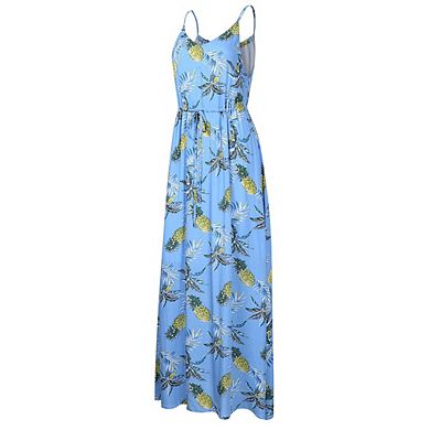 Womens V Neck Adjustable Spaghetti Strap Dress Sleeveless Boho Beach Floral Maxi Dress With Pockets