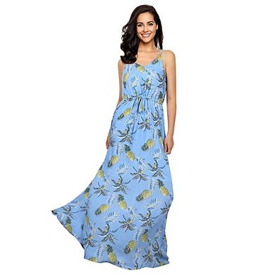 Womens V Neck Adjustable Spaghetti Strap Dress Sleeveless Boho Beach Floral Maxi Dress With Pockets