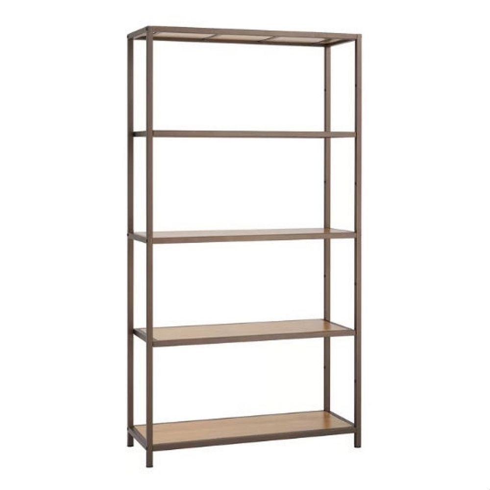 5-Shelf Steel Frame Shelving Unit with Natural Wicker Shelves, Bronze ...