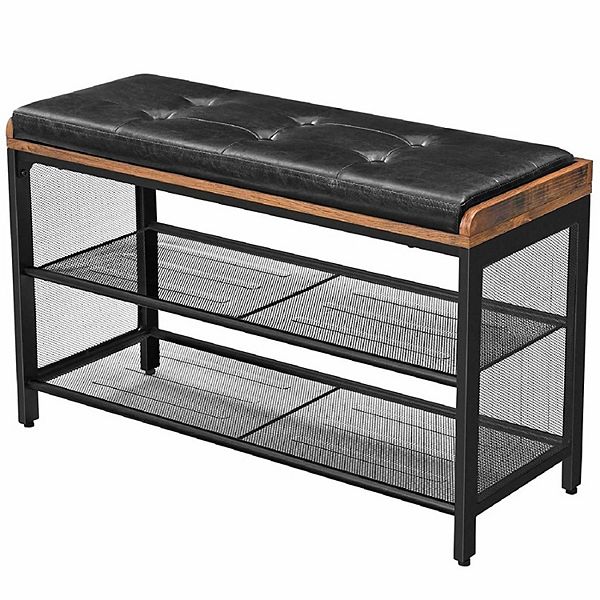 Black Metal Entryway Shoe Rack Storage Bench With Padded Seat Cushion