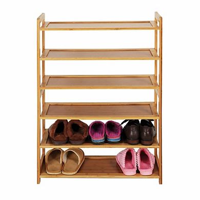 Freestanding 6-Shelf Solid Wood Shoe Storage Rack, Holds Up to 24 Pairs with Top Display Shelf