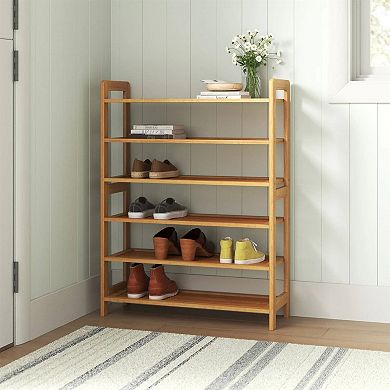 Freestanding 6-Shelf Solid Wood Shoe Storage Rack, Holds Up to 24 Pairs with Top Display Shelf