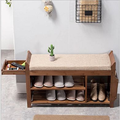 Solid Wood Entryway Shoe Rack Storage Bench With Cushioned Seat 2 Shelves And Drawer