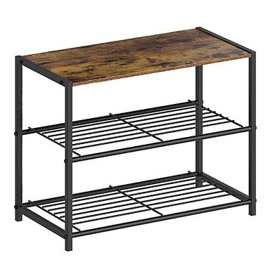 Compact 2-Tier Shoe Storage Bench with Brown MDF Top and Black Metal Frame, 23.23 inches