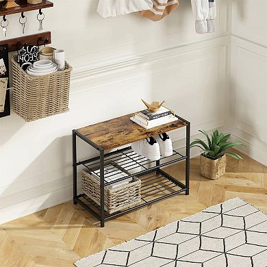 Compact 2-Tier Shoe Storage Bench with Brown MDF Top and Black Metal Frame, 23.23 inches