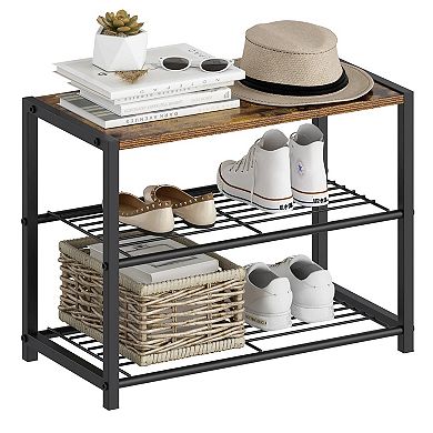 Compact 2-Tier Shoe Storage Bench with Brown MDF Top and Black Metal Frame, 23.23 inches