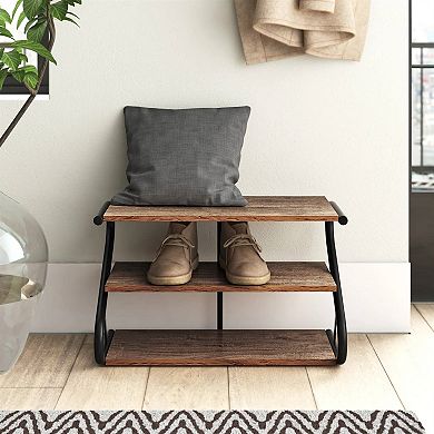 3-Tier Shoe Rack with Metal Frame & Wood Shelves, Narrow Entryway Shoe Organizer, Rustic Brown
