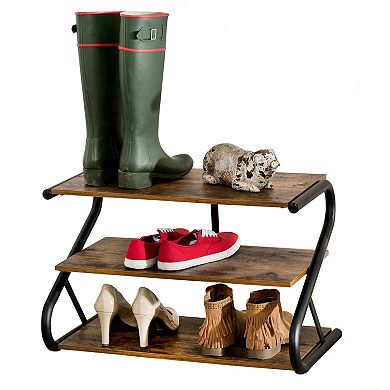 3-Tier Shoe Rack with Metal Frame & Wood Shelves, Narrow Entryway Shoe Organizer, Rustic Brown