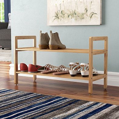 Wicker 2-Shelf Stackable Shoe Rack Natural Finish Holds 8 Pairs Entryway or Closet Organizer 30 in.