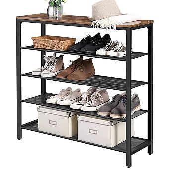 Modern Industrial Style 5 tier Black Metal Shoe Rack With Brown Wood Top