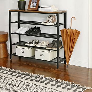 5-Tier Industrial Shoe Rack with Rustic Brown Wood Top, Black Metal Frame, Holds 18 Pairs, 36.4"H