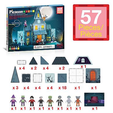 PicassoTiles 57 Piece Haunted Mansion Toy Magnetic Tile, Building Block for Kid Age 3 & Up, PTQ03