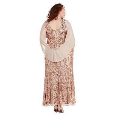 Plus Size R&M Richards Beaded V-Neck Draped Chiffon Cowl Back Maxi Dress