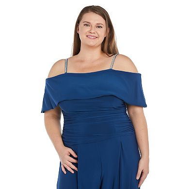 Plus Size R&M Richards Cold Shoulder Flowy Ruched Jumpsuit