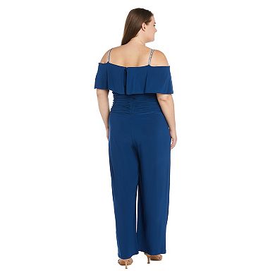 Plus Size R&M Richards Cold Shoulder Flowy Ruched Jumpsuit