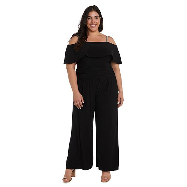 Plus Size R&M Richards Cold Shoulder Flowy Ruched Jumpsuit