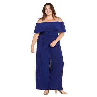 Plus Size R&M Richards Cold Shoulder Flowy Ruched Jumpsuit