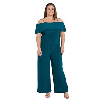 Plus Size R&M Richards Cold Shoulder Flowy Ruched Jumpsuit