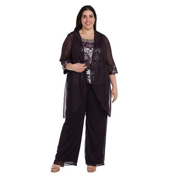 Plus Size R&M Richards 3-Piece Beaded Neck Tank Top, Sheer Cardigan ...