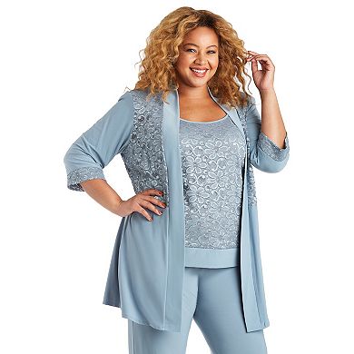 Plus Size R&M Richards 3-Piece Lacey Texture Camisole, Pleated Cardigan & Pants Set
