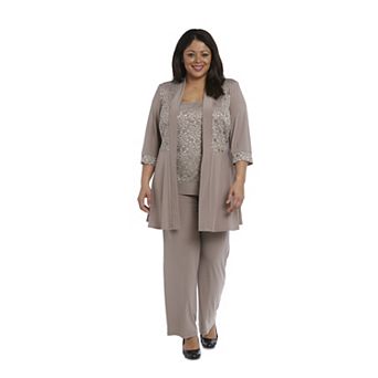 Plus Size R&M Richards 3 pc Lacey Texture Camisole, Pleated Cardigan & Pants Set