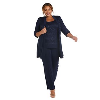 Plus Size R&M Richards 3 pc Lacey Texture Camisole, Pleated Cardigan & Pants Set