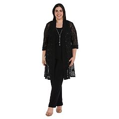 R & M Richards Embroidered Soutache Mesh Lace 3/4 Sleeve Scoop Neck 2-Piece  Pant Set