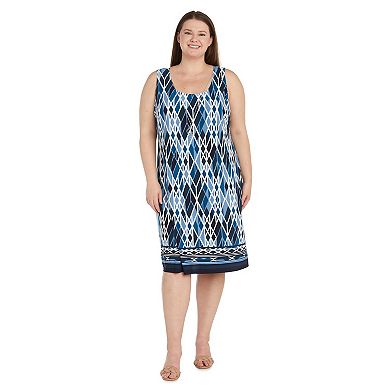 Plus Size R&M Richards Geometric Puff Print Midi Dress & High-Low Hem