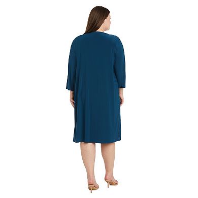 Plus Size R&M Richards Geometric Puff Print Midi Dress & High-Low Hem Cardigan Set