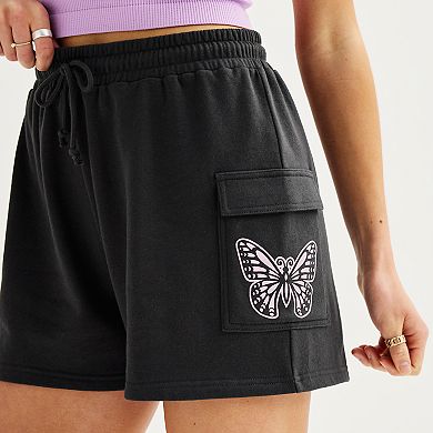 Juniors' Butterfly Print 3.5" French Terry Drawstring Cargo Shorts