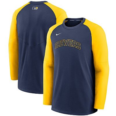 Men s Nike Navy Gold Milwaukee Brewers Authentic Collection Pregame Performance Raglan Pullover Sweatshirt