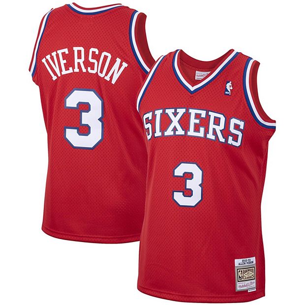 Men s Mitchell Ness Allen Iverson Red Philadelphia 76ers 2001 02 Hardwood Classics Swingman Jersey