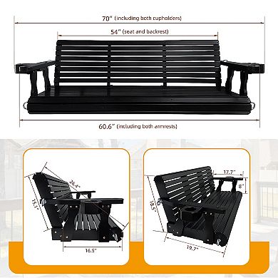 Wooden Porch Swing 3-seater, Bench Swing With Cupholders, Hanging Chains And 7mm Springs