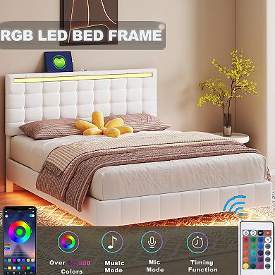 Merax Floating Bed Frame Modern Upholstered Platform LED Bed Frame