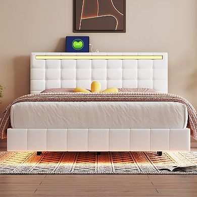 Merax Floating Bed Frame Modern Upholstered Platform LED Bed Frame